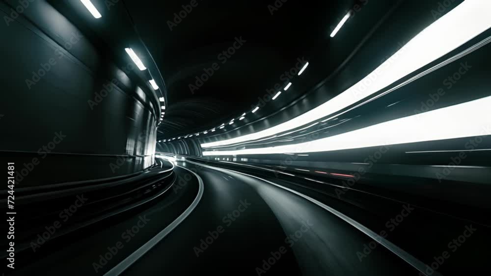 Poster closeup of car headlights creating a trail of light as it speeds through a dark tunnel. the contrast