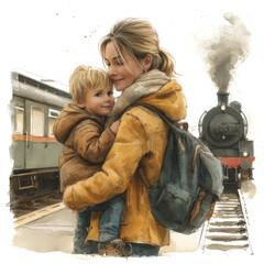 A Mother Hugging Her Child At A Train Station, Isolate Images White Background