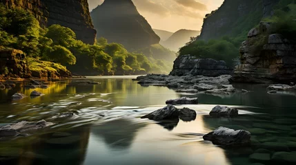 Foto auf Acrylglas Waldfluss Beautiful panoramic landscape image of a mountain river flowing through the hills