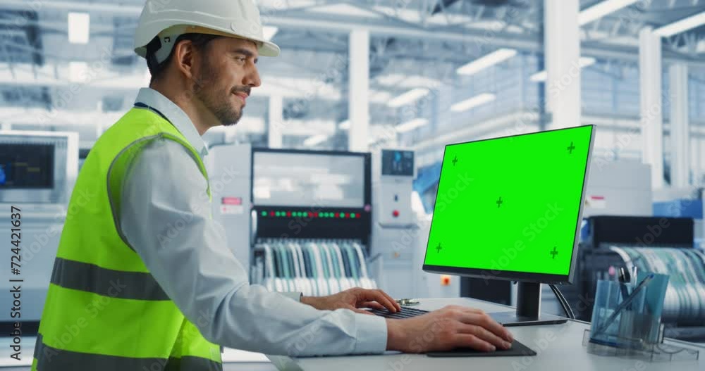Poster Caucasian Male Industrial Engineer In Protective Gear Working on a Desktop Computer with Green Screen Chromakey on Display at an Electronics Factory. Technological Research and Development Center.
