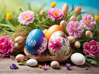 Obraz na płótnie Canvas Colorful Eggs Adorned with Flowers on a Rustic Wooden Background, Celebrating the Season's Vibrancy in a Charming Composition
