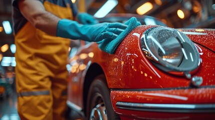 Close-up of a man using a self-service car wash facility to clean his red car with micro fiber cloth, Generative AI.