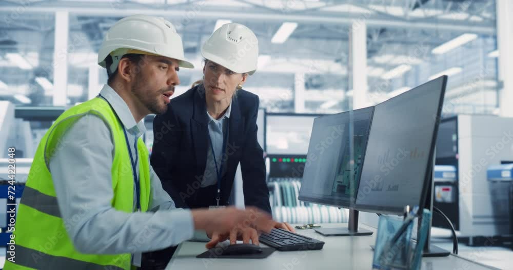 Poster electronics research and development facility: caucasian female project manager consults male engine