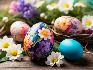 Obraz na płótnie Canvas Colorful Eggs Adorned with Flowers on a Rustic Wooden Background, Celebrating the Season's Vibrancy in a Charming Composition