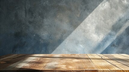 a wooden tabletop against the cement loft wall with shadow and daylight indoors empty copy space