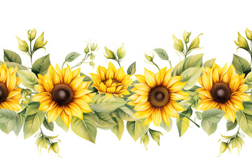 Sunflower Border Seamless Pattern Watercolor Floral Illustration for Rustic Wedding and Fabric Design