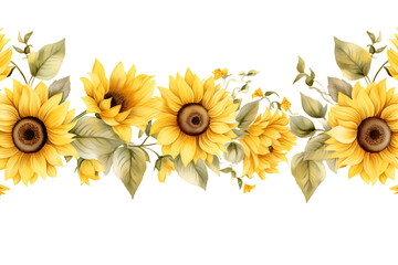 Sunflower Border Seamless Pattern Watercolor Floral Illustration for Rustic Wedding and Fabric Design