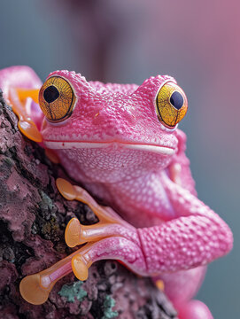 Detailed macro close-up photography of a pink frog standing on a tree