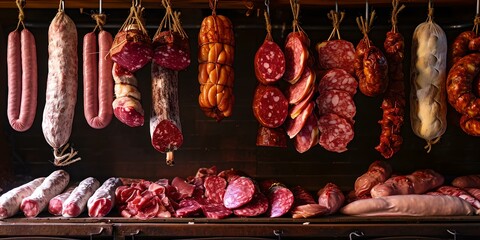 Traditional butcher shop display with assorted meats. rustic, artisanal look. perfect for culinary usage. no copyright infringements. AI - obrazy, fototapety, plakaty