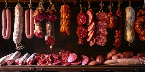 Fotobehang Traditional butcher shop display with assorted meats. rustic, artisanal look. perfect for culinary usage. no copyright infringements. AI © Irina Ukrainets
