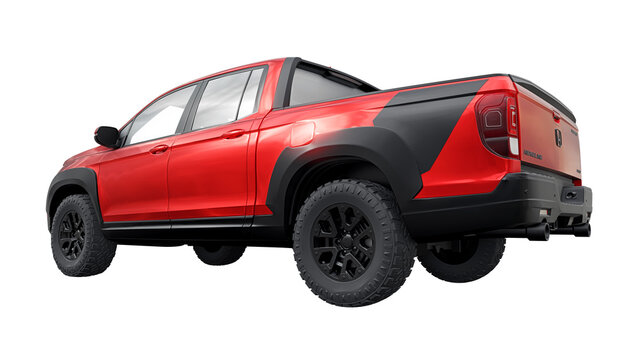 USA, Miami. December 14, 2023. Honda Ridgeline 2022. Red mid-size pickup truck car on a white background. 3d illustration.