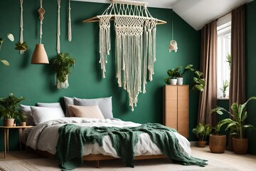 Macrame decoration hanging on green wall above bed in bedroom