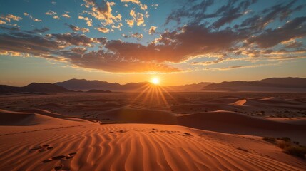 The sun is set over a desert with sand dunes and mountains with a few clouds in the sky. - obrazy, fototapety, plakaty