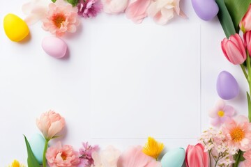Naklejka na ściany i meble Colorful easter eggs and beautiful flower arranged and isolated on white background. Happy easter day background concept.