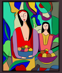 Colorful background, cubism art style,abstracts portraits,mother and daughter with fruit baskets - 724422826