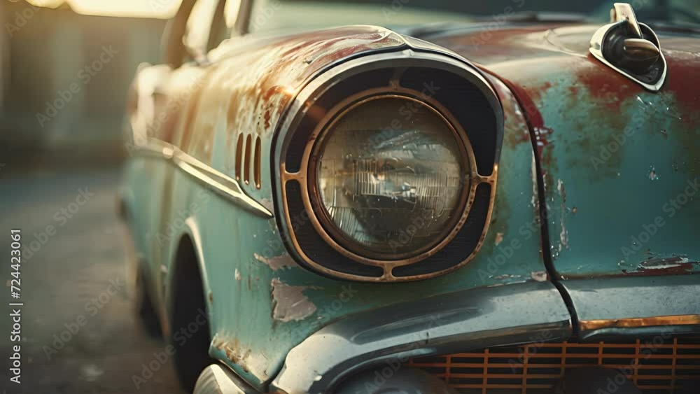 Poster a closeup of the vintage cars front fender with its glossy paint glinting in the soft light and a sl