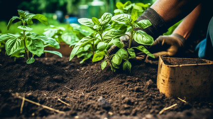 Planting veggies in the garden. Close-up vie of hands wearing gloves planting basil. - obrazy, fototapety, plakaty