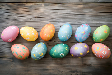 Fototapeta na wymiar painted Easter eggs, rich in colors, placed on a rustic wooden floor