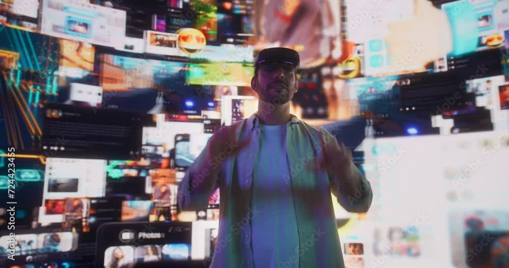 Aufkleber portrait of caucasian man wearing augmented reality glasses and surfing cyberspace interface. male u