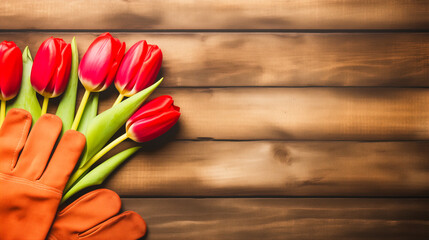Bouquet of red tulips and gloves on a wooden background with copy space for the text. Springtime, gardening concept