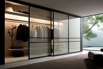 Modern sliding door closet for contemporary homes. Generative AI - obrazy, fototapety, plakaty