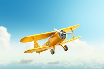 Fototapeta na wymiar Bright yellow biplane, airplane. The Sky is light blue. Simple layout, simple 3D render