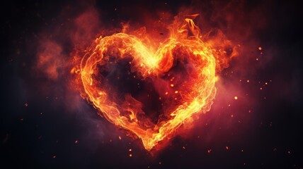 Fire flame heart love shaped isolated on the dark bakcground. Love design concept for Valentine's day, wedding and birthday