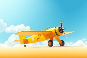 Obraz na płótnie Canvas Bright yellow biplane, airplane. The Sky is light blue. Simple layout, simple 3D render