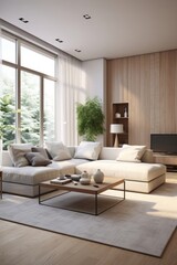 Coastal design living room. Soft and cozy white sofa with pillow home interior design