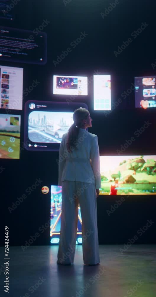 Poster vertical screen of social media internet concept: caucasian woman browsing network of websites, game