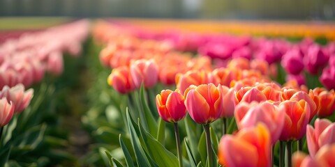 Vibrant tulip fields in bloom. a perfect spring day. ideal for backgrounds and nature themes. AI - obrazy, fototapety, plakaty