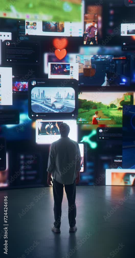 Poster Vertical Screen: Backview Of Caucasian Man Entering Animated Stream Of Content. Visualization Of Metaverse Big Data with Viral Videos, Social Media Profiles with Influencers, and Internet Communities.