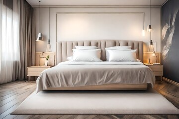 Double bed in the bedroom with a picture on the wall and stylish bedside tables in light colors. The concept of a compact room in a honeymoon hotel. Copyspace