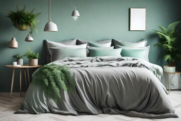 Fototapeta na wymiar Grey bedding and mint pillow on king-size bed in sophisticated soft color bedroom with fern