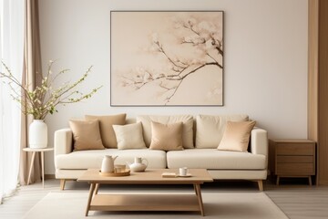 Modern minimalist living room with beige sofa and pillow and japanese style poster hanging on the wall. Living room home interior design.