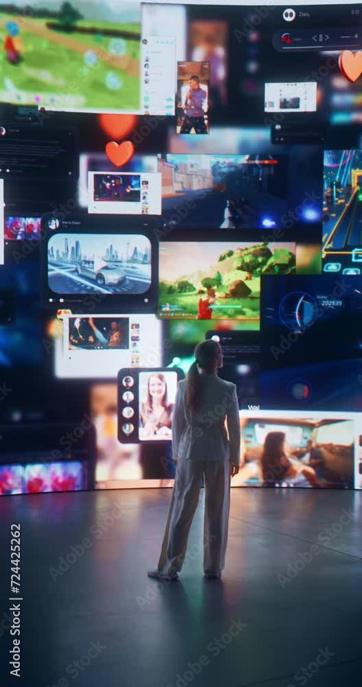 Aufkleber vertical screen of social media internet concept: caucasian woman browsing network of websites, game