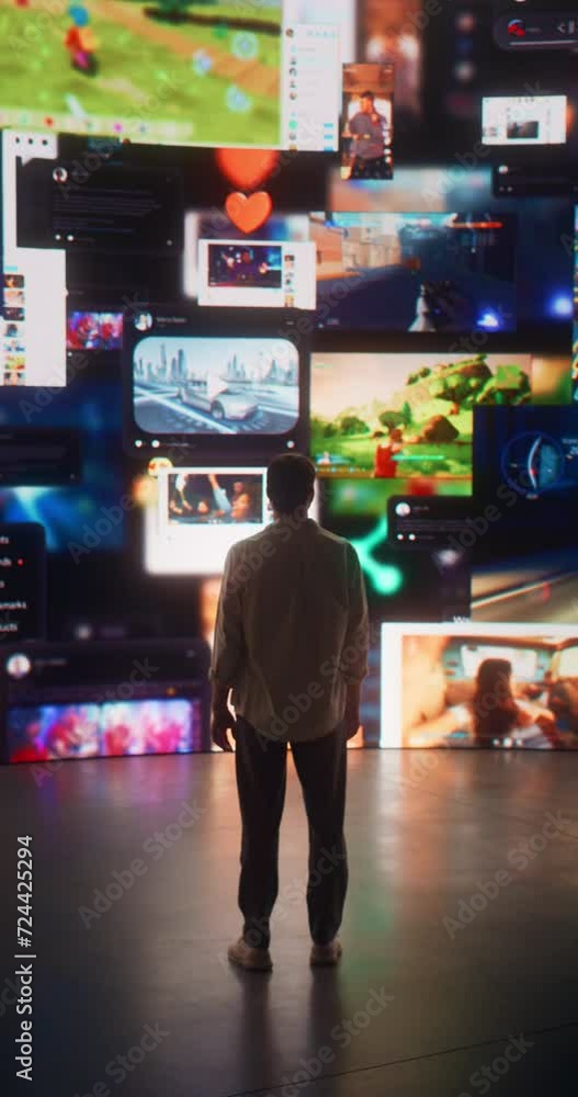 Aufkleber Vertical Screen: Back View Of Caucasian Man Entering 3D Cyberspace With Animated Social Media Interfaces, Online Games, Videos, Internet Content. Visualization Of Enthusiast Surfing Computer Network.