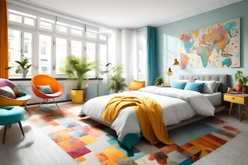 Creatively decorated bright bedroom with colorful bed