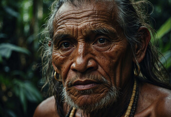 Retrato  de hombre viejo, anciano nativo del amazonas en la selva - obrazy, fototapety, plakaty