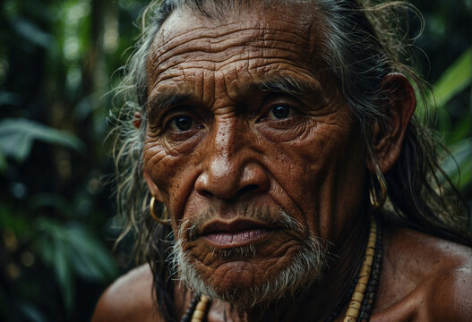 Retrato  de hombre viejo, anciano nativo del amazonas en la selva
