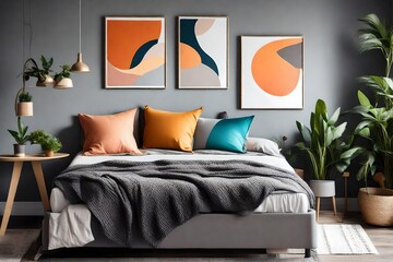 Colorful pillows on grey bed in modern bedroom interior with poster and plants.