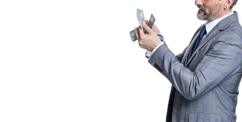 Businessman with money isolated on white. Businessman invest money in business. Successful business...