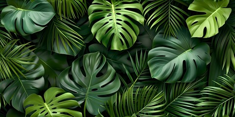 Fototapeta na wymiar Tropical jungle foliage. dense green monstera and palm leaves. nature pattern background. perfect for design and textile. AI
