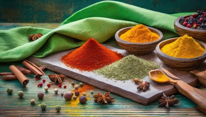 Spice Spectrum: Close-Up of Colorful Spices on a Wooden Table