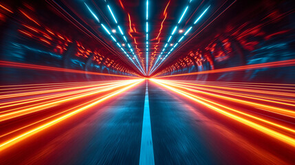 Fototapeta na wymiar Racing sports car on neon highway. Powerful acceleration of a supercar on a night track with colorful lights and tracks. Blur at high speed. The light trail from the headlights.