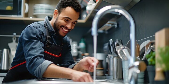 Cheerful professional chef washing hands in a modern restaurant kitchen. hygiene in commercial kitchens. AI