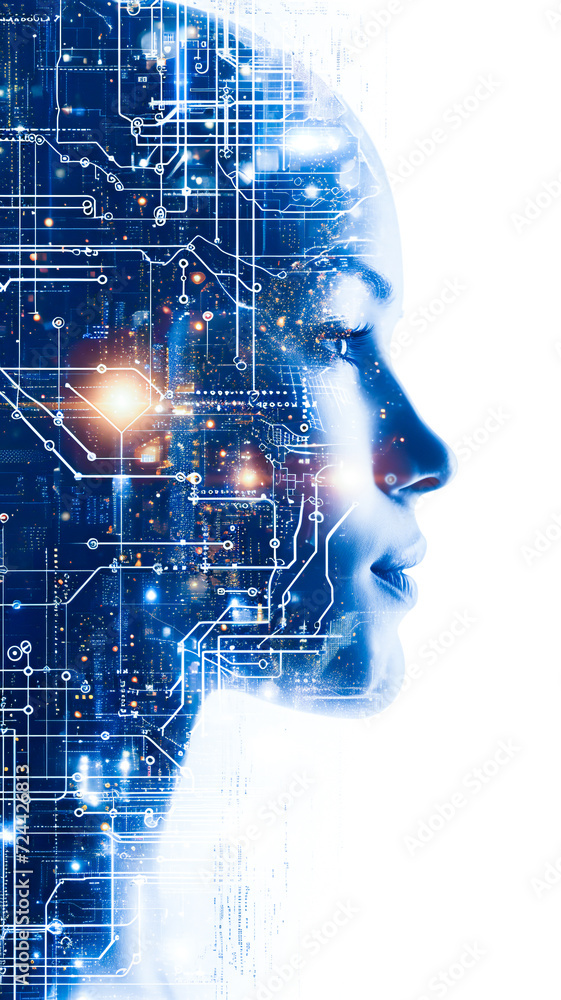 Poster a human head over intricate circuitry. artificial intelligence and human-computer integration concep