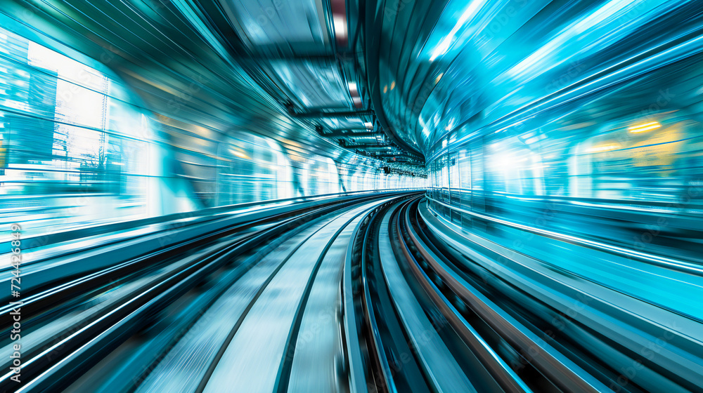 Poster acceleration speed on the railroad. light and stripes fast motion blur.