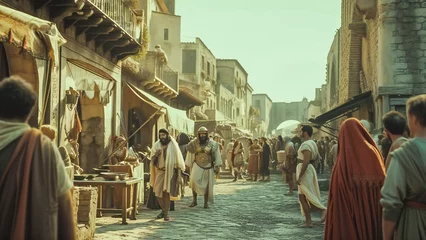 Poster Oud gebouw Ancient Rome street scene, with ancient Romans walking around