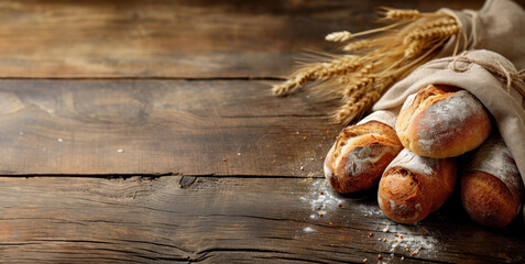 Fototapeta premium Freshly Baked Artisan Bread on Rustic Wooden Table. A close-up of several crusty loaves of bread wrapped in linen cloth, evoking a warm, homely atmosphere
